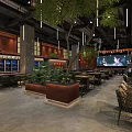 Warm Restaurant Interior With Red Brick Walls Green Plants Pendant Lights And Wooden Decor