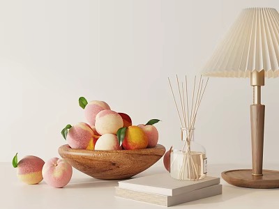 Minimalist Decorative Ornament Set With Peaches In Wooden Bowl Diffuser Lamp And Books 3d model