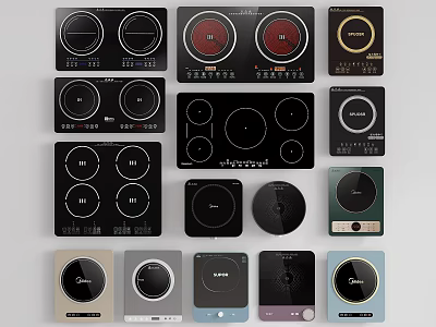 Modern Kitchen Appliances Various Induction Cooktops With Different Designs Styles And Colors 3d model