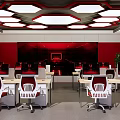 School Computer Classroom Interior With Red Walls Hexagonal Ceiling Lights And White Red Chairs 3d model