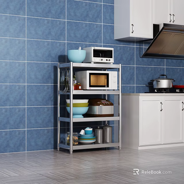 Stainless Steel Multi tiered Kitchen Storage Rack With Microwave Bowls And Cooking Utensils 3d model 