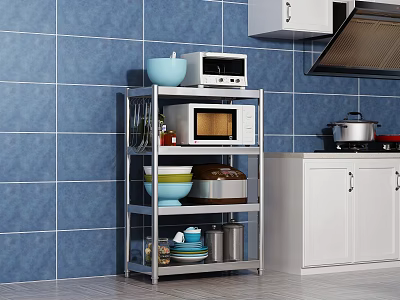 Stainless Steel Multi tiered Kitchen Storage Rack With Microwave Bowls And Cooking Utensils 3d model