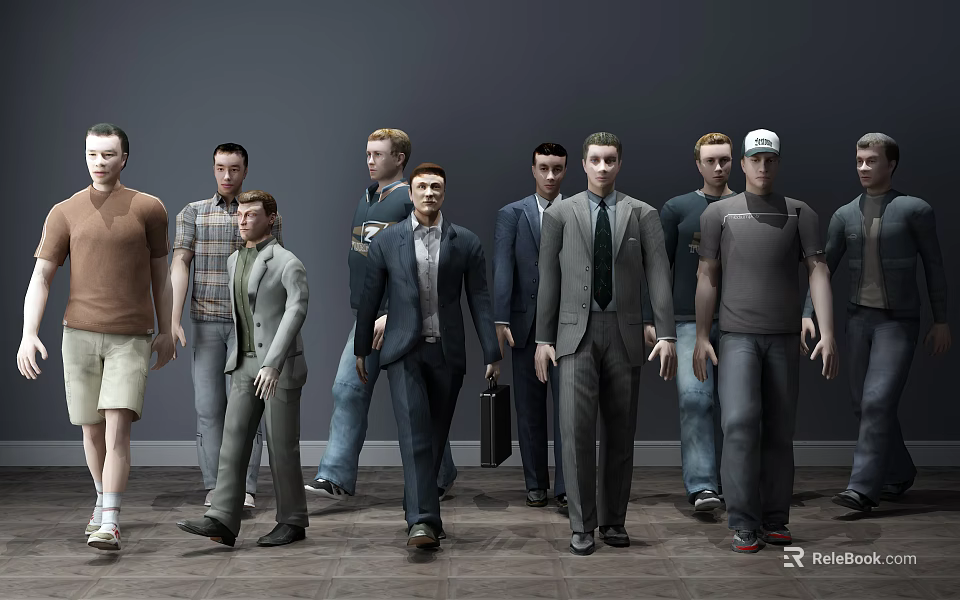 Group of Men in Various Casual and Formal Outfits Standing Together 3d model 