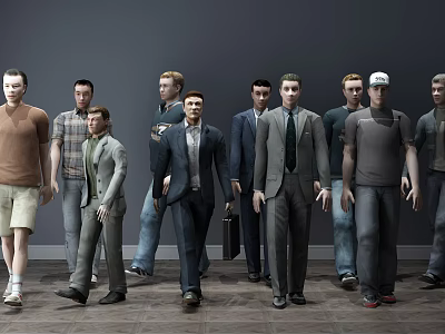 Group of Men in Various Casual and Formal Outfits Standing Together 3d model