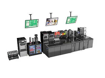 Modern Commercial Beverage Station With Hanging Display Screens Coffee Machines And Storage Cabinets 3d model