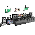 Modern Commercial Beverage Station With Hanging Display Screens Coffee Machines And Storage Cabinets