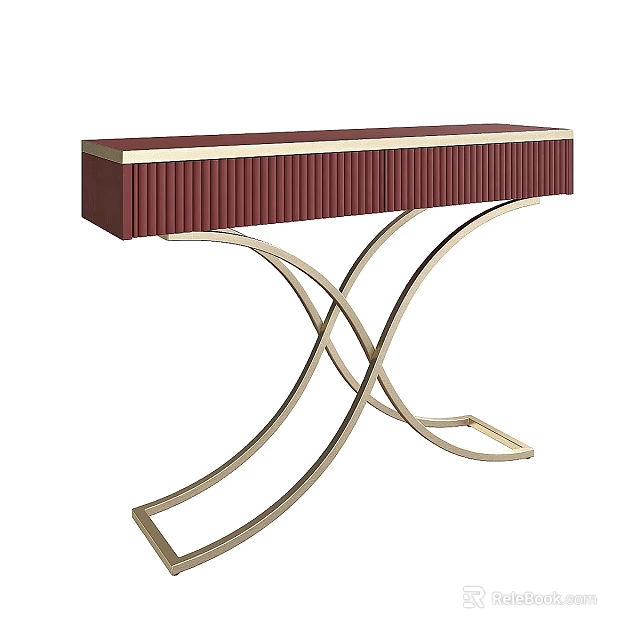 Luxury Burgundy Console Table With Ribbed Drawer Front And Golden Curved Crossed Metal Legs 3d model 