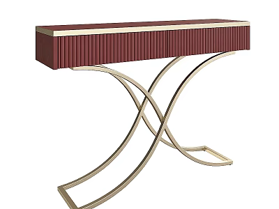Luxury Burgundy Console Table With Ribbed Drawer Front And Golden Curved Crossed Metal Legs 3d model