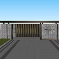 Modern Entrance Gate With Illuminated Lights Stone Wall And Moonlit Sky Near Tall Buildings
