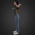 3D Female Character Wearing Gray T-shirt Yellow Black Sleeves Blue Jeans White Shoes Arms Outstretched