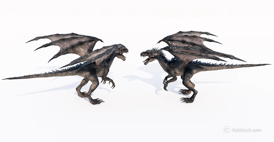 Two Mythical Dragons With Spread Wings Facing Each Other In Stance 3d model 