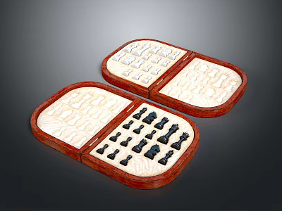 Open Wooden Chess Case With Red Border And Black White Chess Pieces 3d model