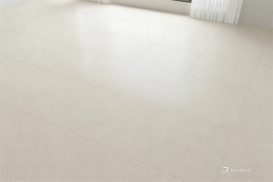 White Polished Floor Tiles In Bright Room With Window And Curtain 3d model 