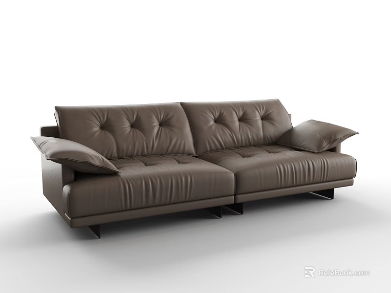 Brown Leather Three Seater Sofa With Button Tufted Design And Black Slim Legs 3d model