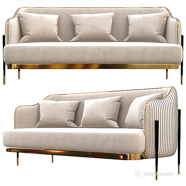 Elegant Modern Multi person Sofa With Beige Velvet Fabric And Gold Metal Legs 3d model 