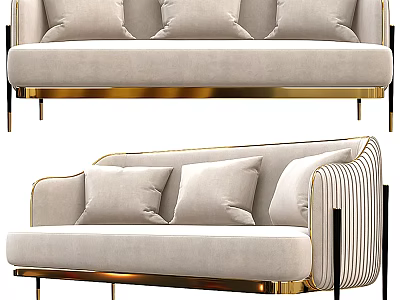 Elegant Modern Multi person Sofa With Beige Velvet Fabric And Gold Metal Legs 3d model