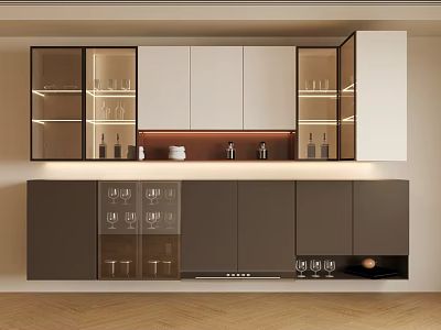 Modern Kitchen With Glass Door Cabinets LED Lighting White And Gray Storage Design 3d model