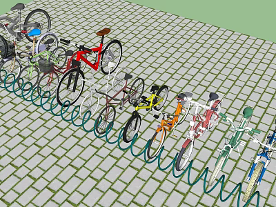 Colorful Bicycles Parked at Outdoor Bike Rack on Brick Paved Surface 3d model