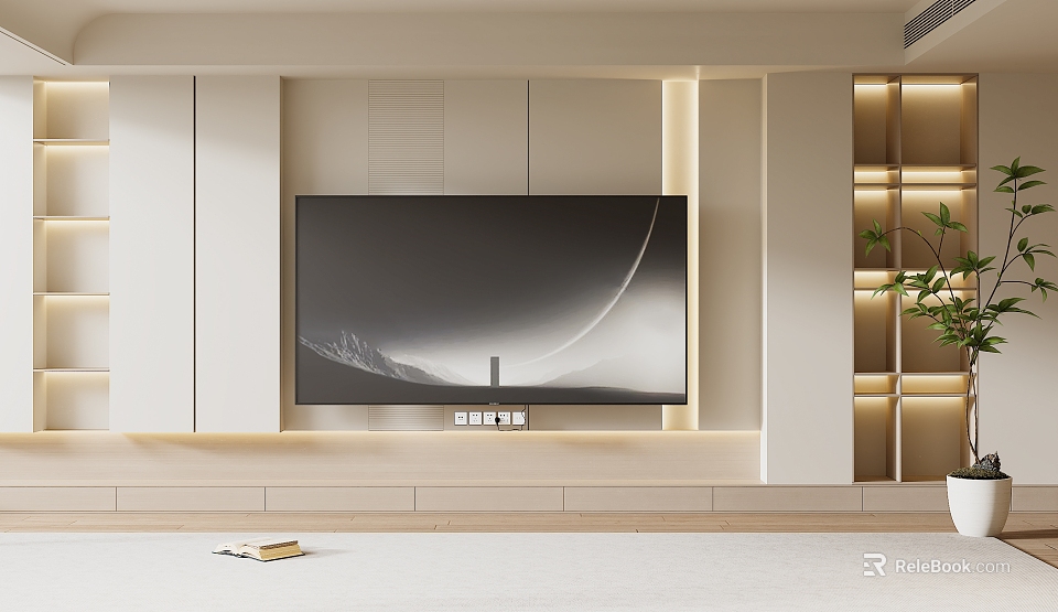 Modern TV Background Wall Design With LED Strip Lights Sleek Style And Light Colored Cabinet 3d model 