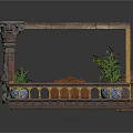 Ornate Furniture Piece Featuring Square Tabletop Arched Structure Columns Railing And Potted Plants