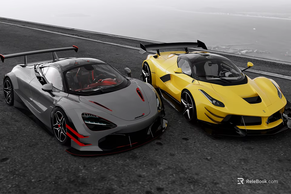 Gray And Yellow Sports Cars With Rear Spoilers On Asphalt Road 3d model 