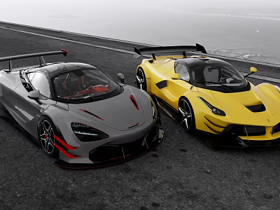 Gray And Yellow Sports Cars With Rear Spoilers On Asphalt Road 3d model