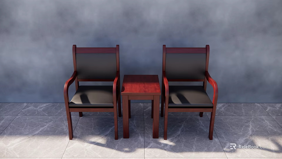 Two Mahogany Armchairs With Black Cushions And Small Wooden Table In Gray Room 3d model 