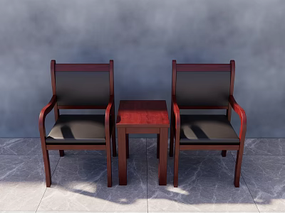 Two Mahogany Armchairs With Black Cushions And Small Wooden Table In Gray Room 3d model