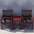 Two Mahogany Armchairs With Black Cushions And Small Wooden Table In Gray Room