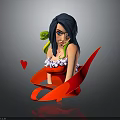 Blue Haired Female Character In White Flower Outfit With Green Snake Red Ribbon And Red Heart