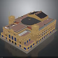 Classical Historic Building Featuring Yellow Facade Red Roof Ornate Towers Circular Dome and Decorative Windows