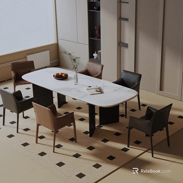 Modern White Oval Dining Table Set With Brown Black Chairs Fruit Bowl Vase 3d model 