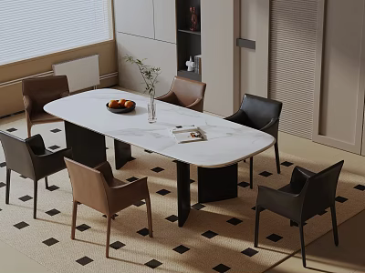 Modern White Oval Dining Table Set With Brown Black Chairs Fruit Bowl Vase 3d model