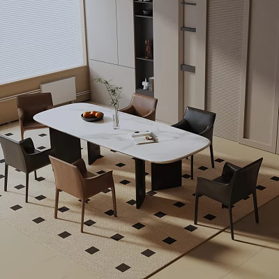 Modern White Oval Dining Table Set With Brown Black Chairs Fruit Bowl Vase 3d model