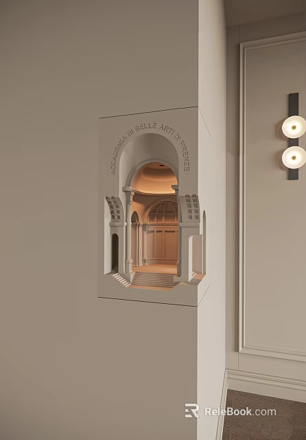 Black Frame Two Round Bulb Wall Sconce By Beige Wall With Illuminated Niche Interior 3d model 