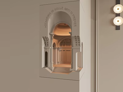 Black Frame Two Round Bulb Wall Sconce By Beige Wall With Illuminated Niche Interior 3d model