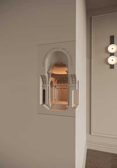 Black Frame Two Round Bulb Wall Sconce By Beige Wall With Illuminated Niche Interior 3d model