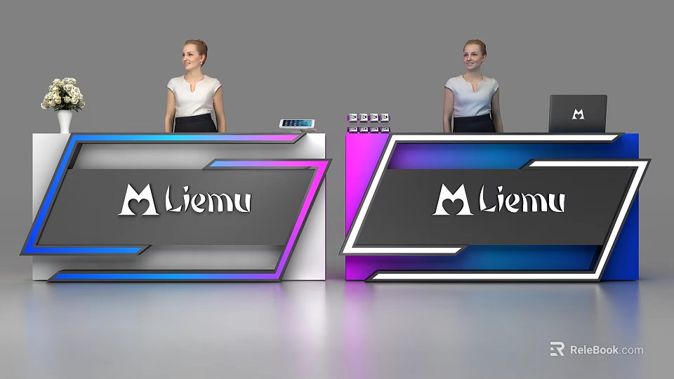 Modern Liemu Reception Desk with Colorful Gradient Design and Digital Displays in Professional Front Area 3d model 