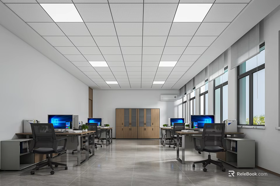 Modern Spacious Office Interior Design With Desks Computers Chairs And Windows 3d model