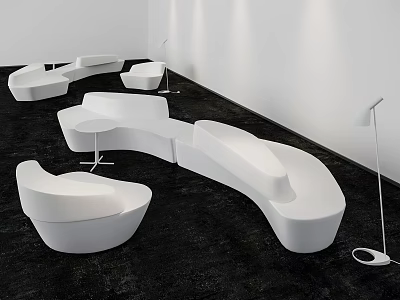 Modern Irregular Design White Sofa and Coffee Table Set on Black Carpet with Floor Lamp 3d model