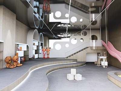 Playful Kindergarten Interior With Curved Steps Stuffed Toys Bookshelves Slide And Building Blocks 3d model