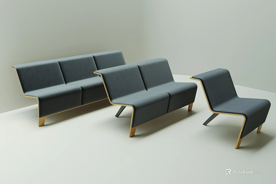 Gray Fabric Modern Sectional Sofa Set With Wooden Legs And Minimalist Design 3d model 