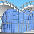 Modern Architectural Building Exterior Featuring Blue Glass Curtain Wall Unique White Roof And Spiral Structure