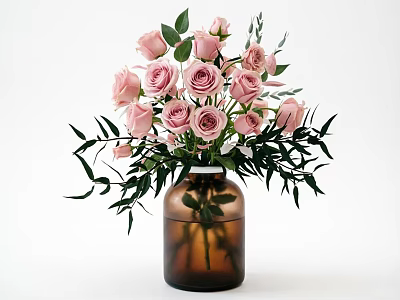 Decorative Ornament Set with Brown Vase Pink Roses and Green Leaves for Home Interior Decoration 3d model