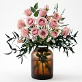 Decorative Ornament Set with Brown Vase Pink Roses and Green Leaves for Home Interior Decoration