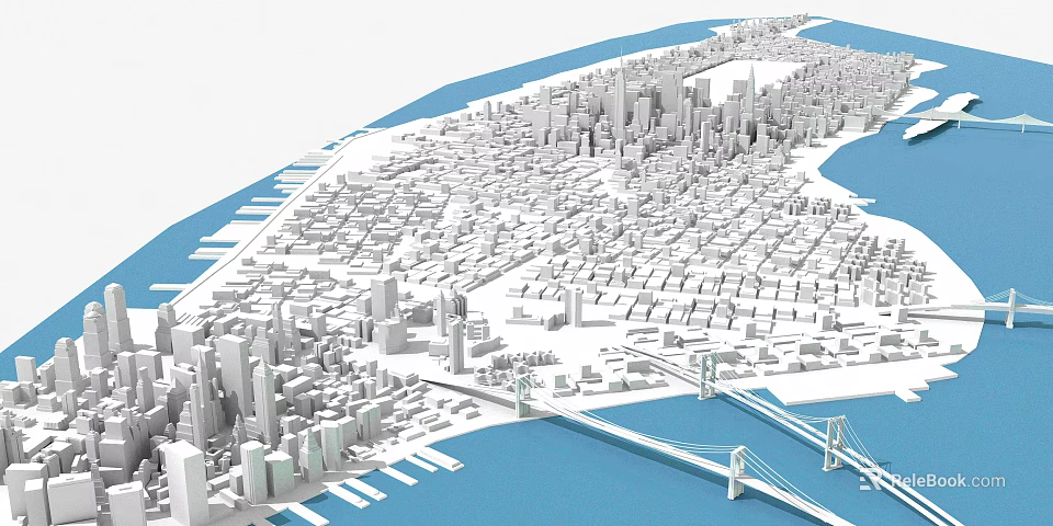 Detailed Urban City Model With Multiple Bridges And Blue Water Areas 3d model 