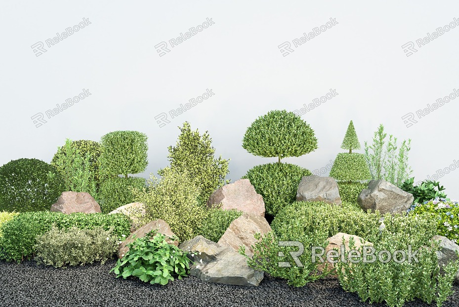 Shrub hedge combination modeling shrub spherical shrub hedge wall stone combination model