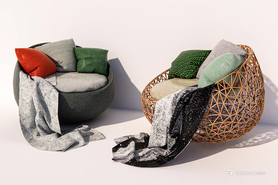Gray And Wicker Round Single Sofa With Colorful Cushions And Soft Blanket 3d model 