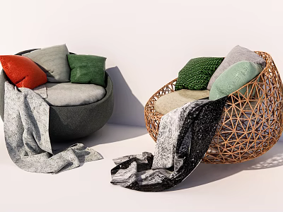 Gray And Wicker Round Single Sofa With Colorful Cushions And Soft Blanket 3d model