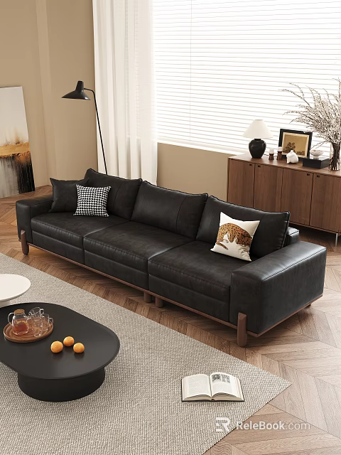 Modern Black Leather Sofa and Coffee Table Set With Decorative Pillows in Living Room 3d model 